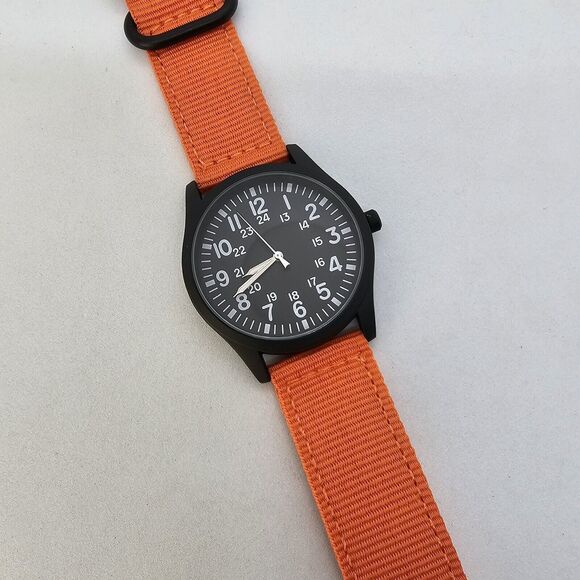 Field Men's Watch 42MM Black Dial Case Orange Canvas Band Straps Easy Read Watch - Picture 1 of 15